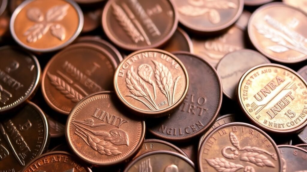 Scattered wheat pennies with visible wheat stalks and metallic sheen.
