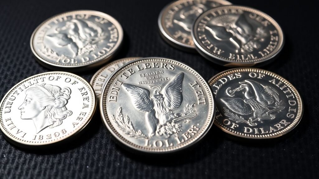 Morgan silver dollars on a dark surface