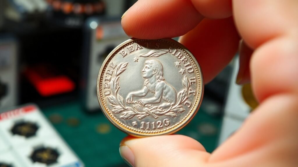 Hand holding a graded coin with Austin skyline background.