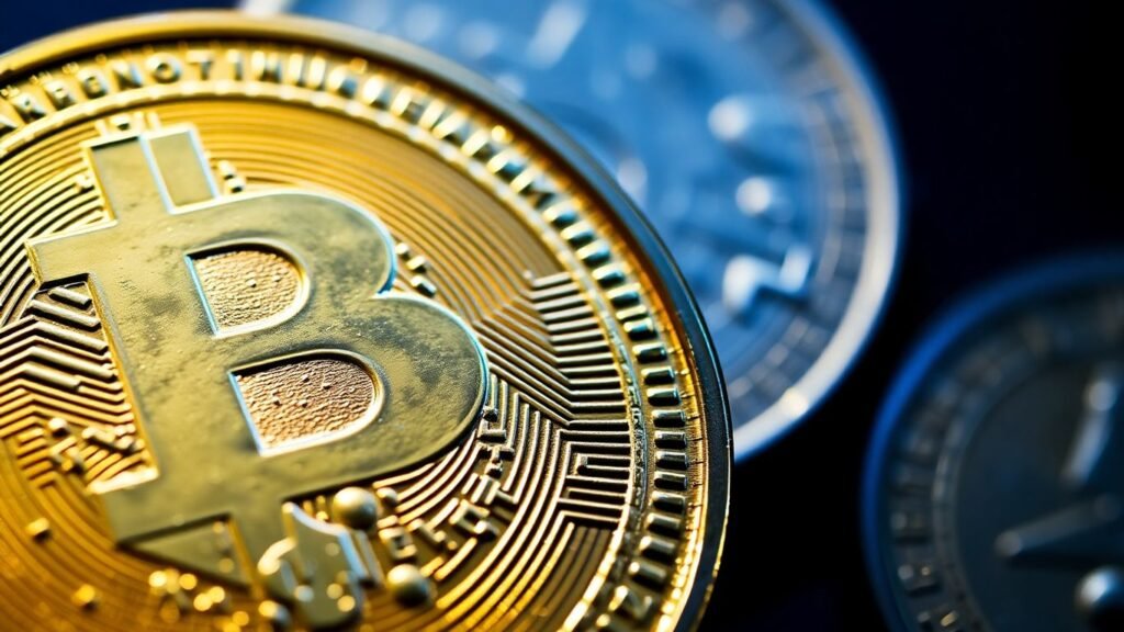 Close-up of gold coins, one potentially counterfeit.