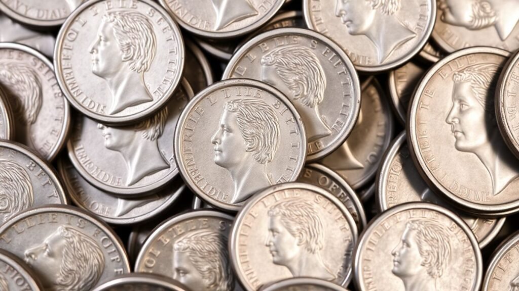 Pile of old mercury dimes, close-up view.