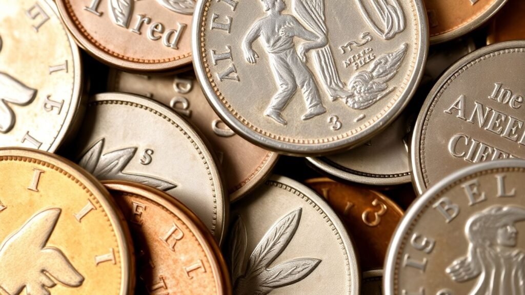 Coins showing different grading conditions and details.