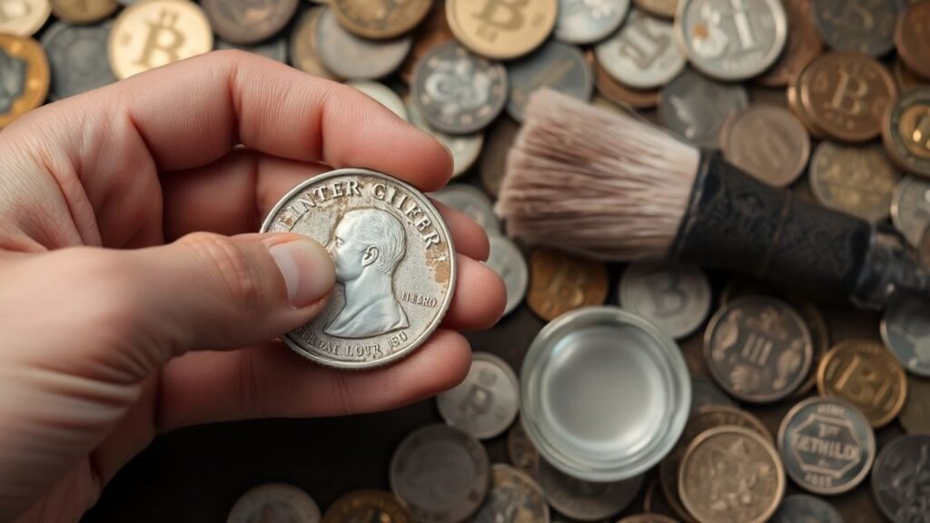 Cleaning a silver coin with a soft brush.