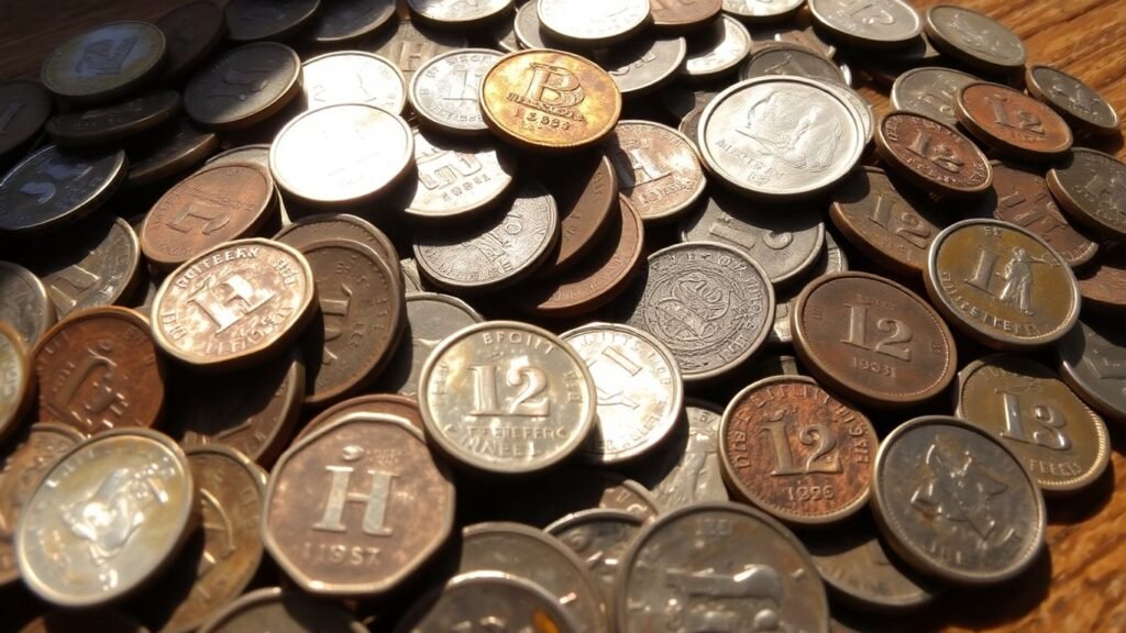 Old coins scattered on a wooden surface.
