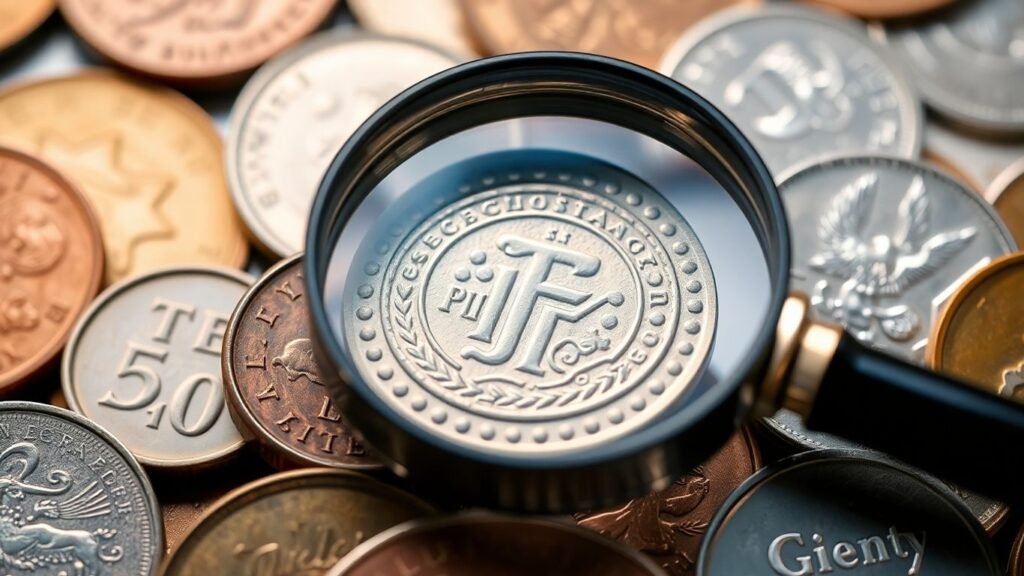 Close-up of valuable coins with a magnifying glass.