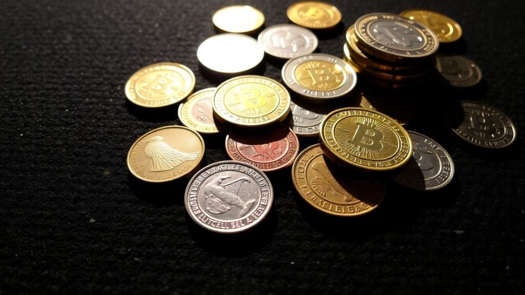 Gold and silver coins with intricate designs.