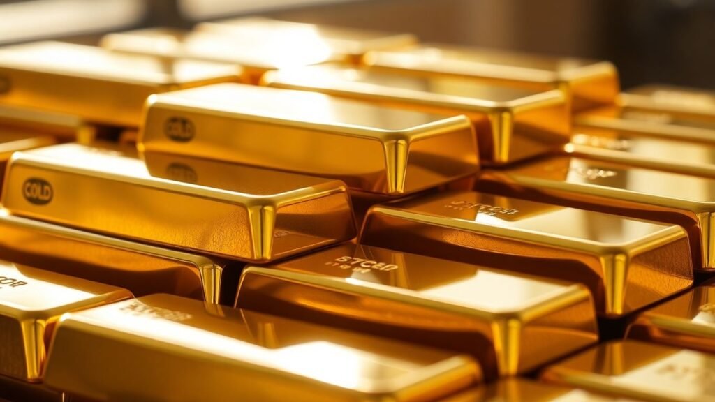 Gold bullion bars stacked, reflecting light.