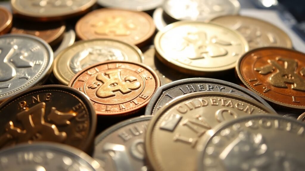 Coins stored correctly in protective holders, close-up.