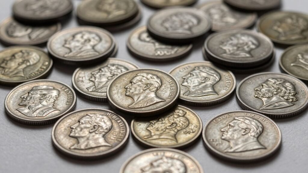 Collection of antique barber coins with visible details.