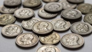 Collection of antique barber coins with visible details.