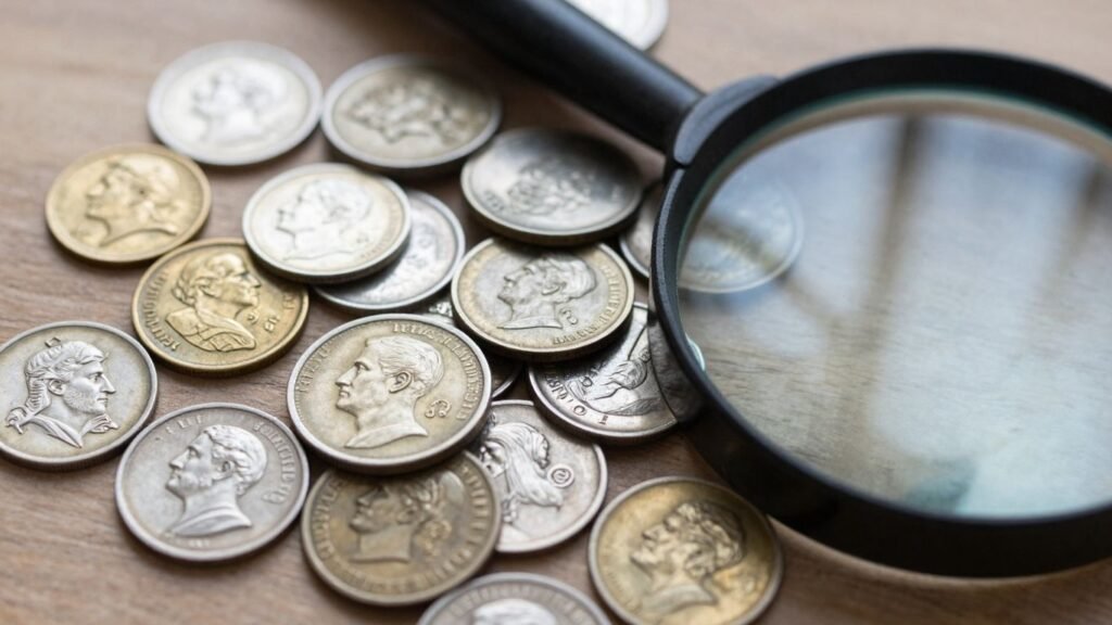 Collection of old coins with a magnifying glass.
