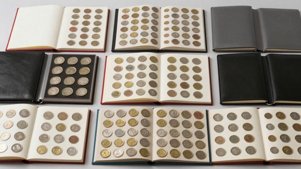 Various coin albums filled with collectible coins.