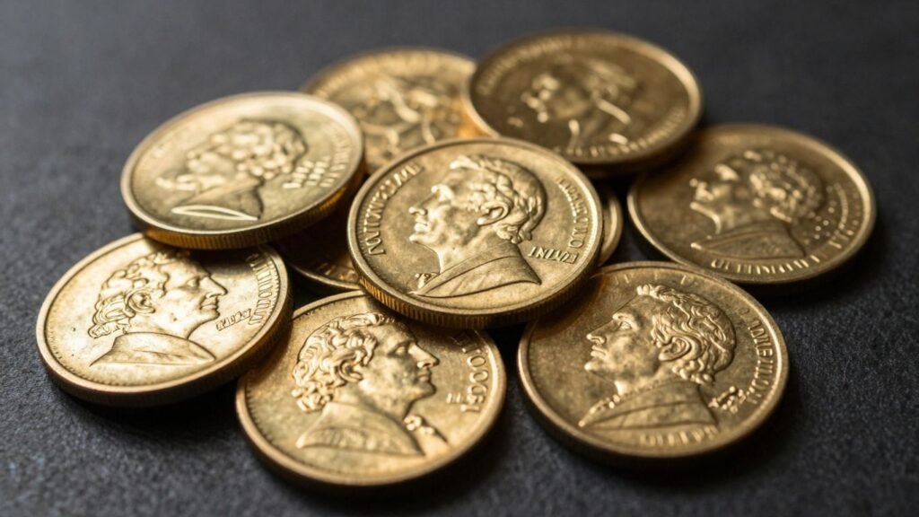 Pile of gold coins with musician profiles.