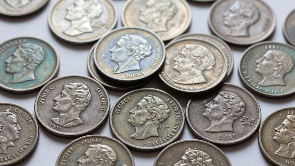 Colorful toned coins with intricate details and aged surfaces.