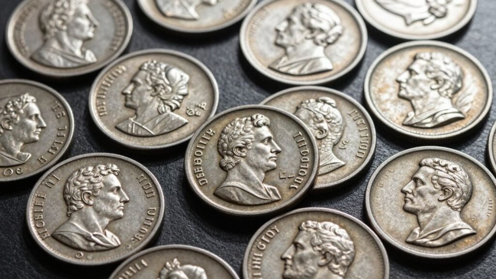 Collection of old bust coins with visible wear and glinting metallic surfaces.