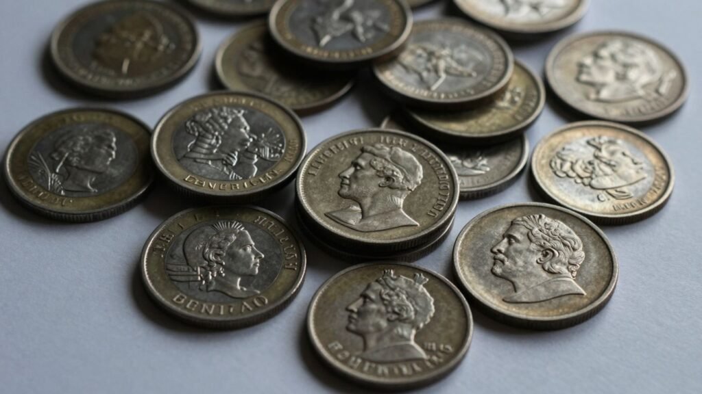 Collection of valuable coins with detailed metallic surfaces.