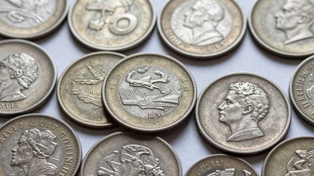Close-up of coins showing wear patterns.