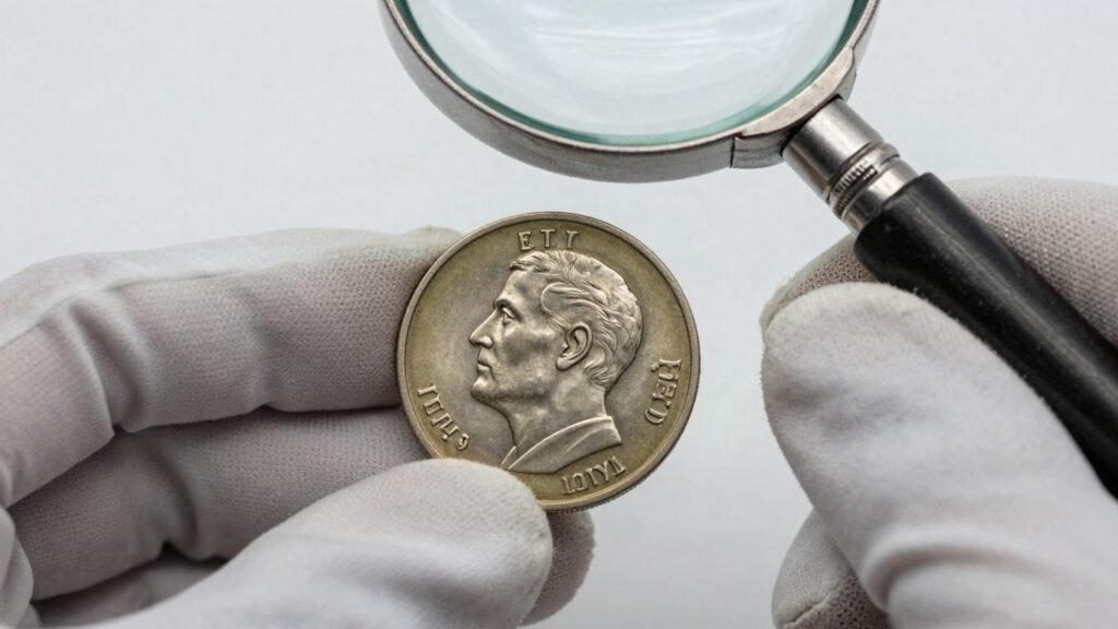 Close-up of coin grading process with magnifying glass.