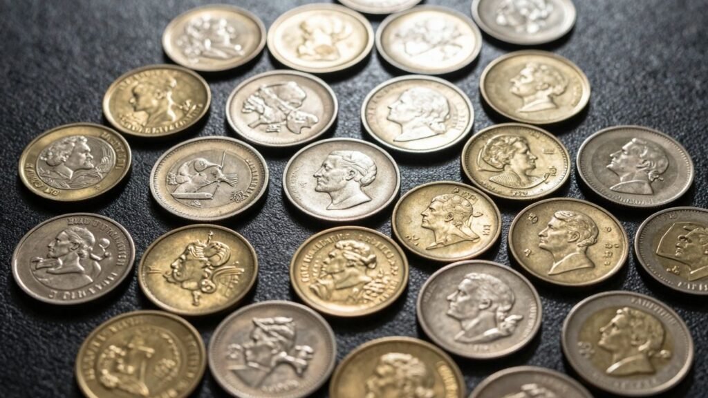 Collection of valuable gold and silver coins.