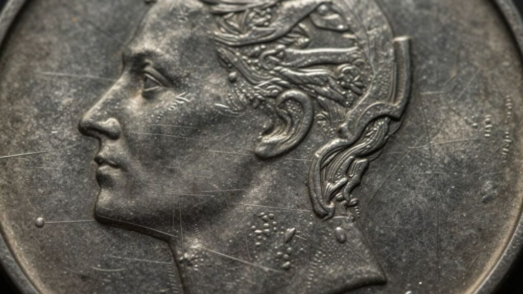 Close-up of coin surface with bag marks.