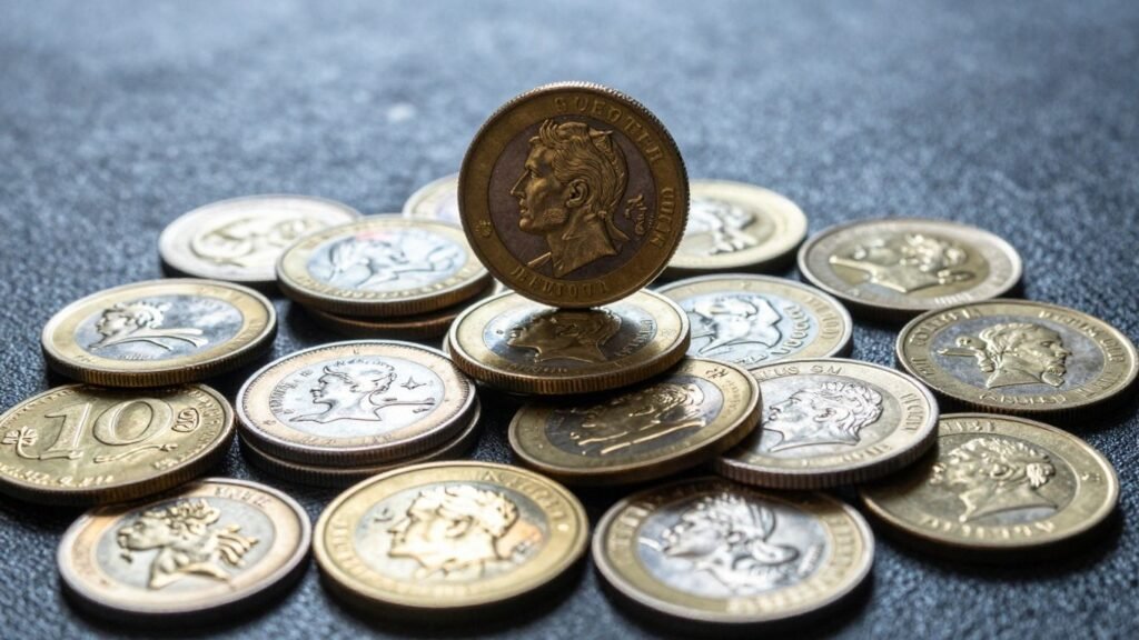 Assortment of gold and silver precious metal coins.