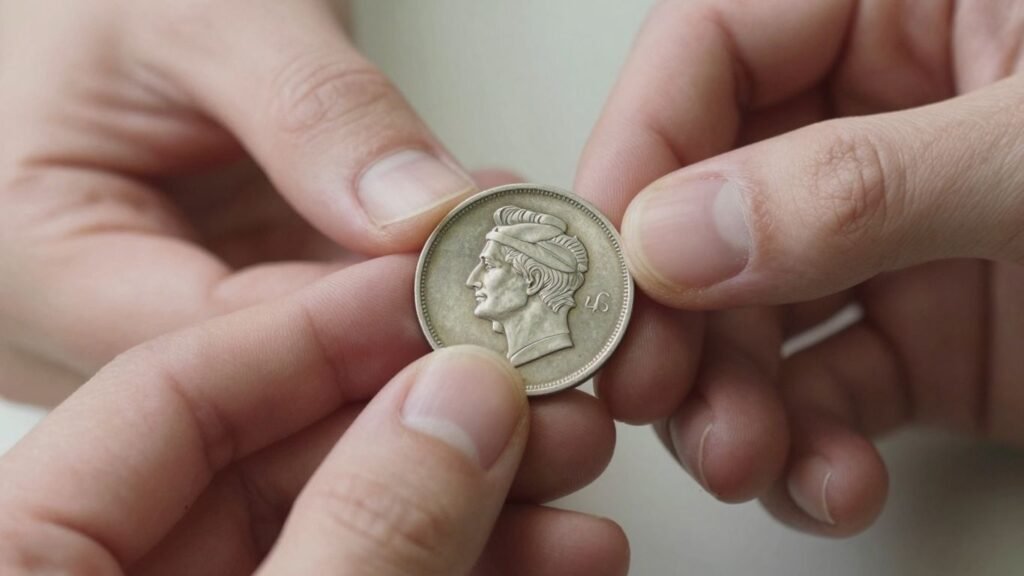 Hands carefully holding a valuable, detailed silver coin.