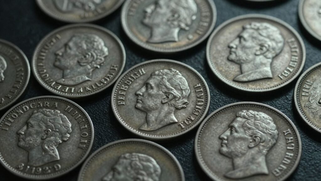 Close-up of old coins with dates and mintmarks.