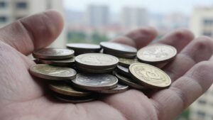 Coins in hand, Austin skyline background.