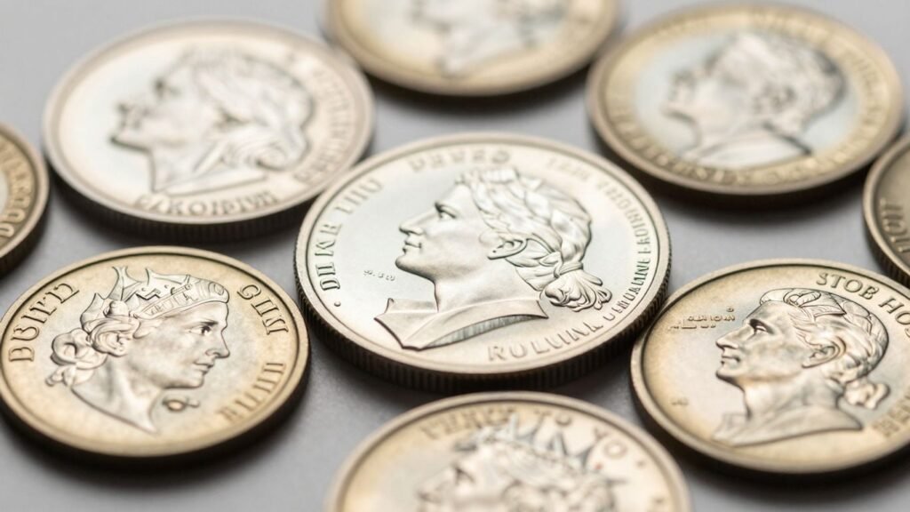 Proof coins with intricate details and reflective surfaces.