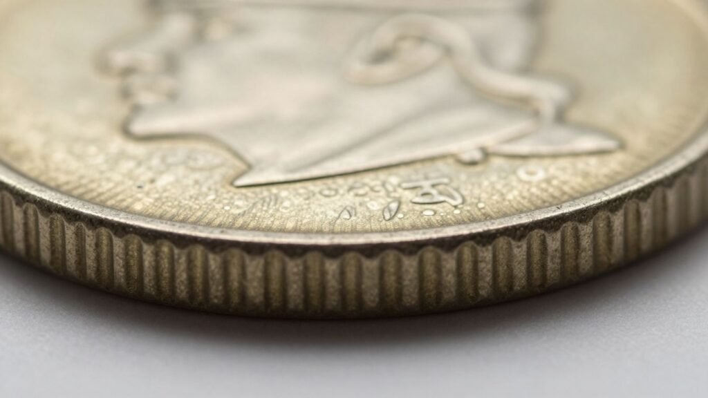 Close-up of coin edge with reeded pattern.