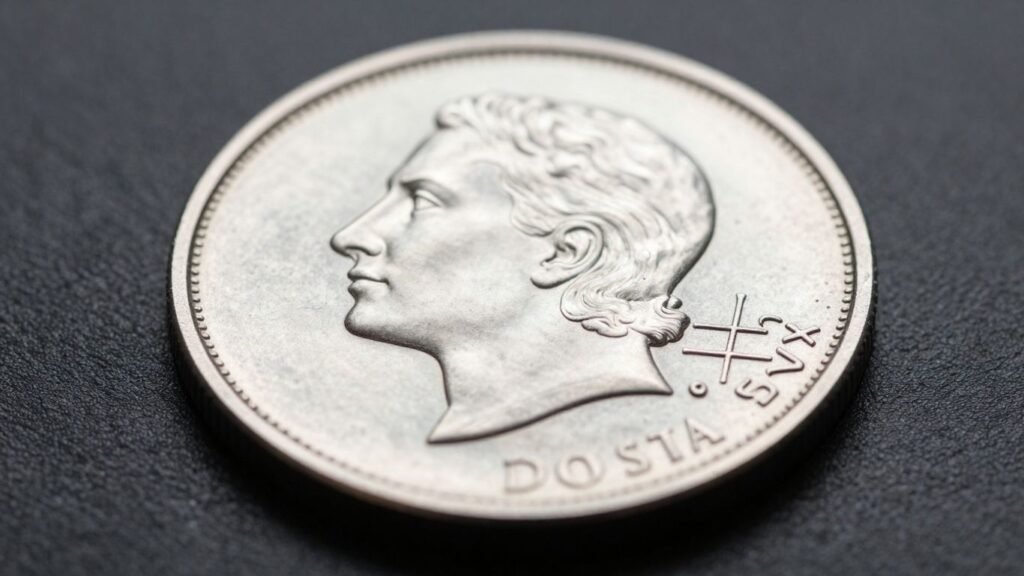 Platinum coin with Austin skyline in background.