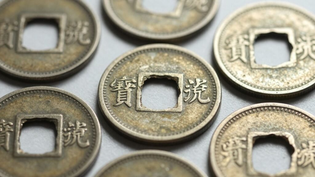 Close-up of coins, some cleaned, some not.