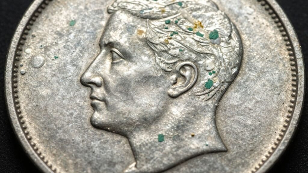 Coin with green and white PVC damage spots.