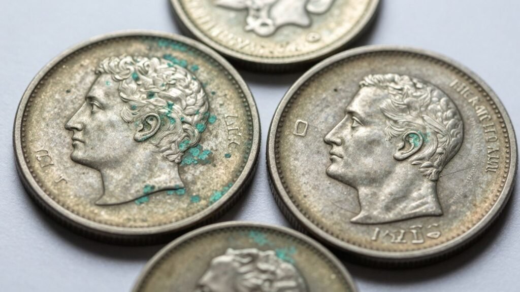Coins with green patina, pitting, and erosion from environmental damage.