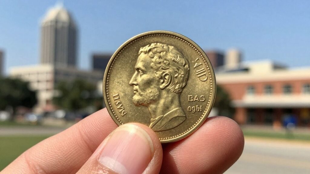 Hand holding a valuable coin with Austin skyline blurred.