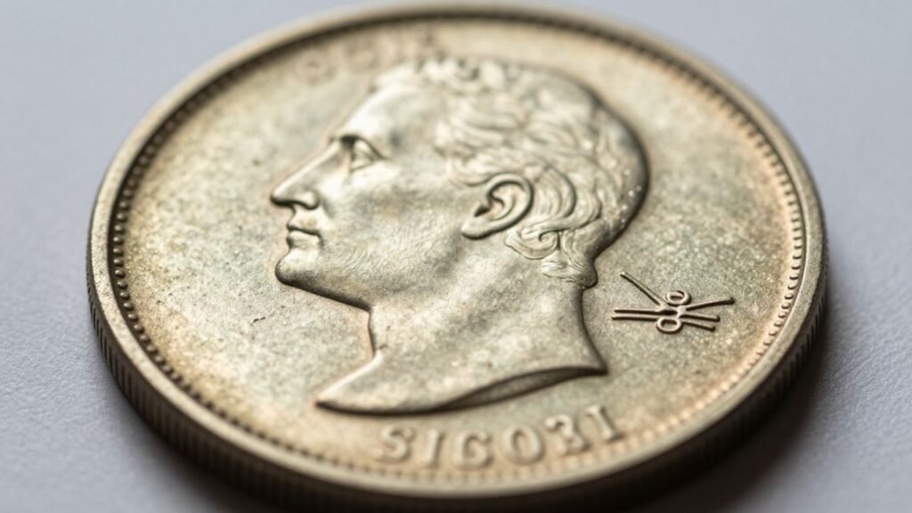 Close-up of a detailed, lustrous coin.