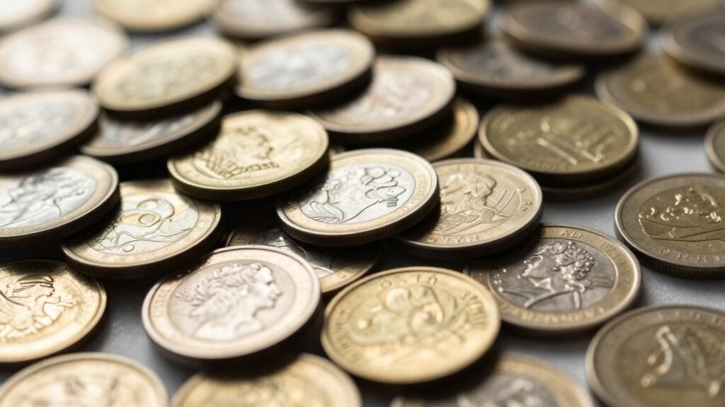 Pile of gold and silver coins with sunlight glinting.
