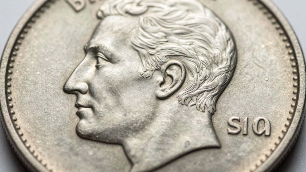 Close-up of a coin's detailed surface and strike quality.