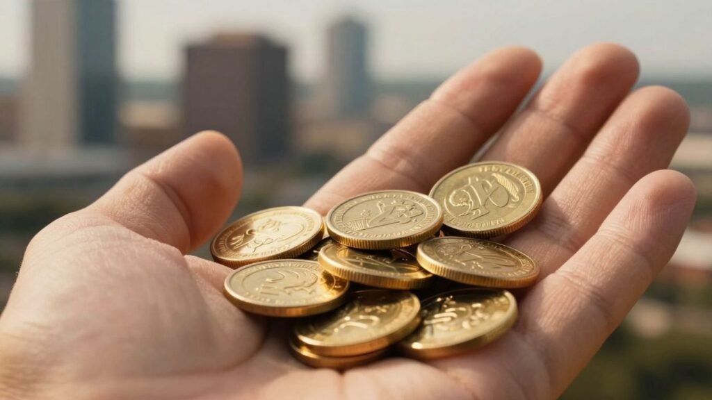 Gold coins and Austin skyline