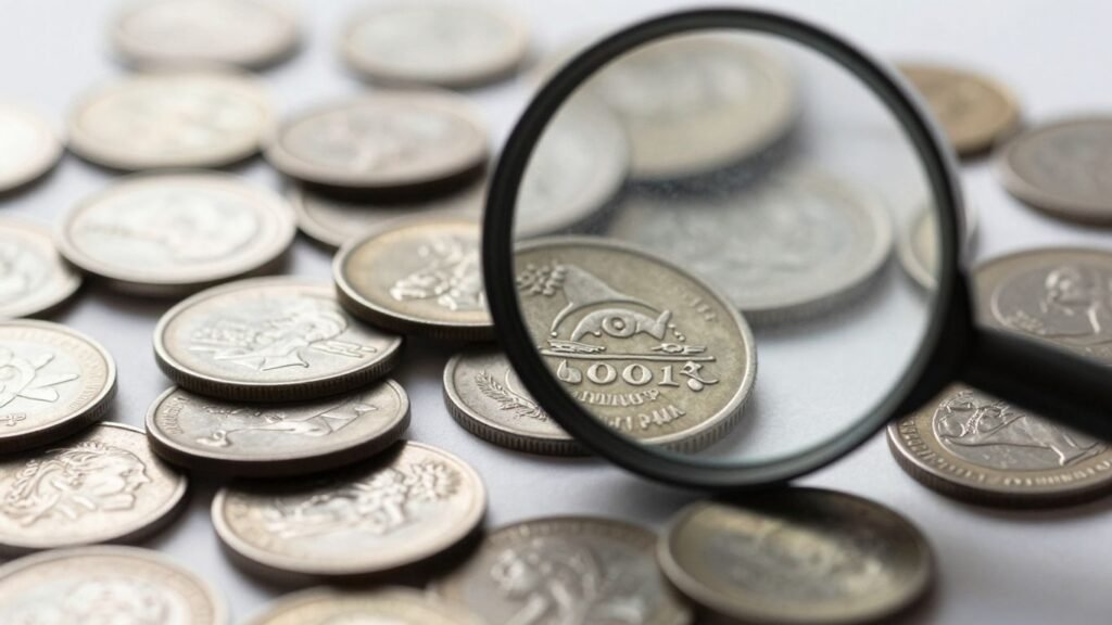 Magnifying glass over old coins, researching coin values.