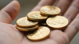 Gold coins held in a hand
