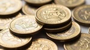 Stack of intricately designed gold coins with light glinting.