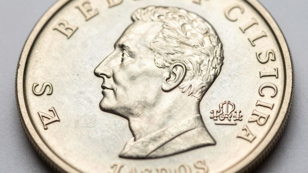 Close-up of a shiny, newly minted business strike coin.