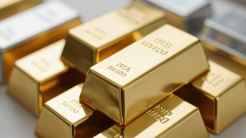 Gold and silver bars stacked, reflecting light.