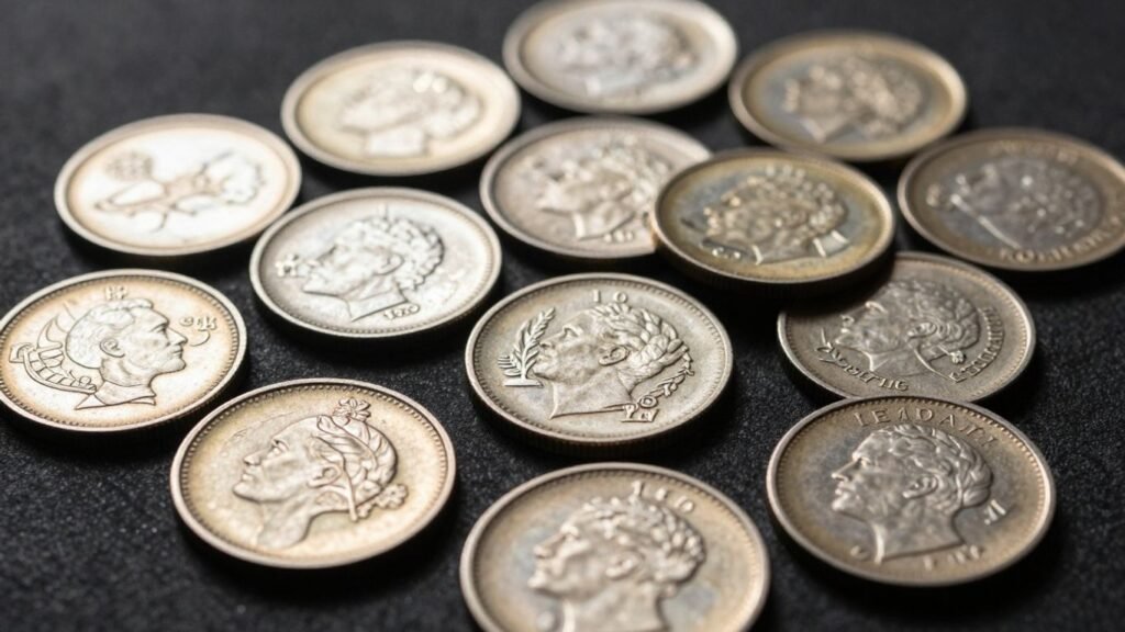 Collectible pattern coins with intricate designs and metallic sheens.