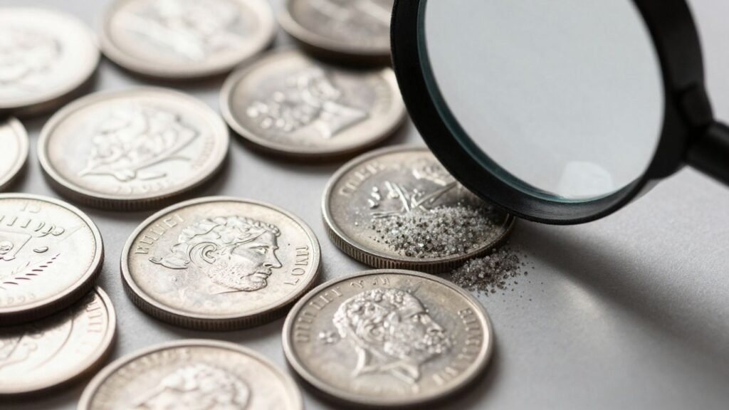 Silver coins and granules with a magnifying glass.