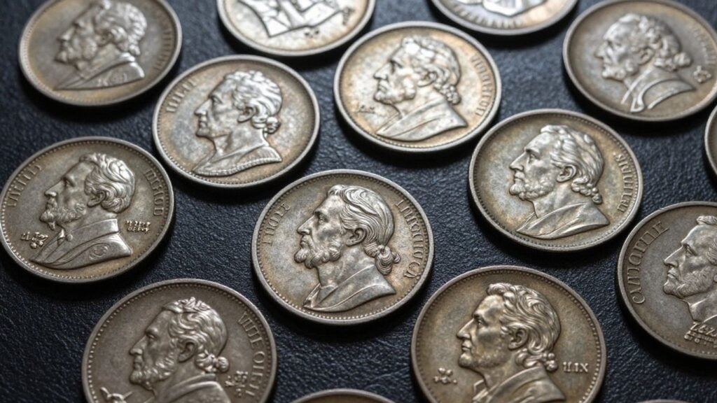 Colonial coins with historical details and aged patina.