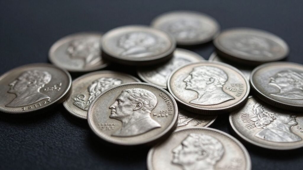 Silver coins with historical profiles on a dark surface.