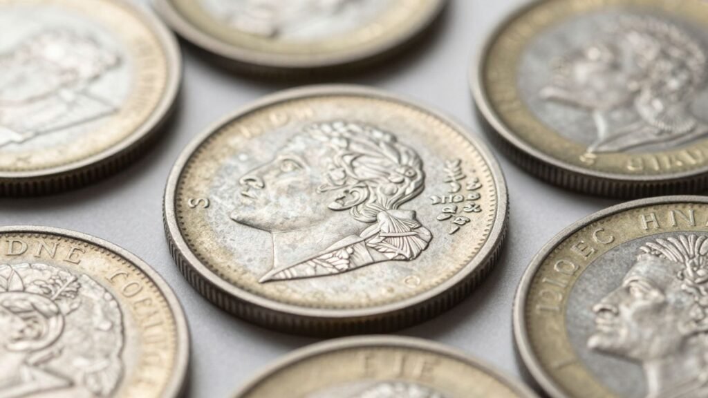 Close-up of coin edges with various textures and patterns.