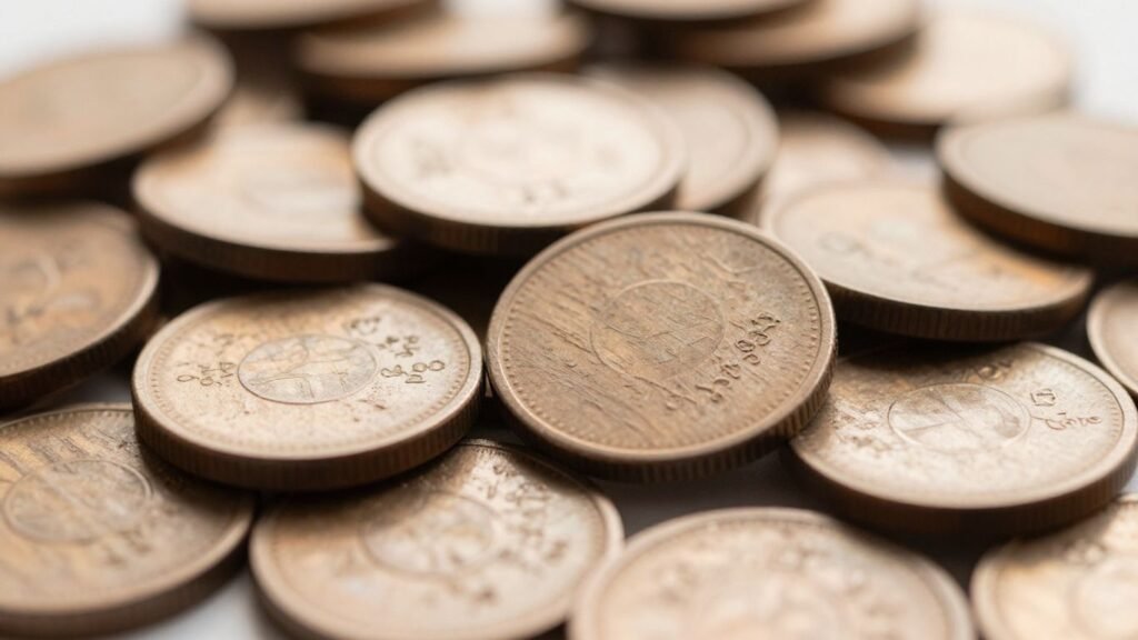 Wooden nickels scattered and stacked, showing wood grain.